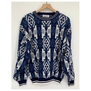 Vintage 80s Cosby Sweater Mens Large Blue Trend Basics Geometric Knit Crewneck